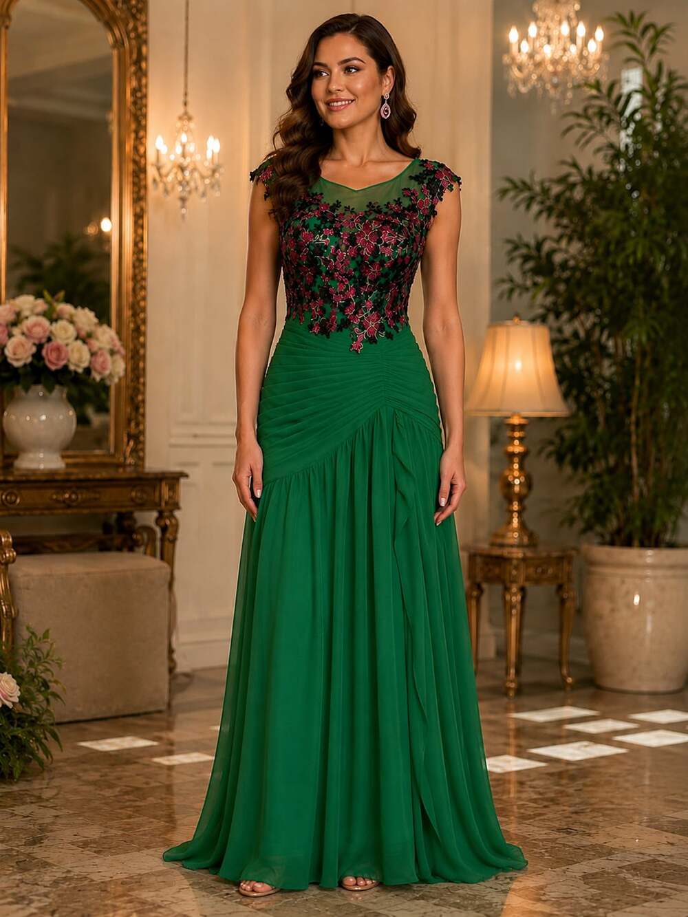 Green Floral Sequin Appliqué Evening Gown Large